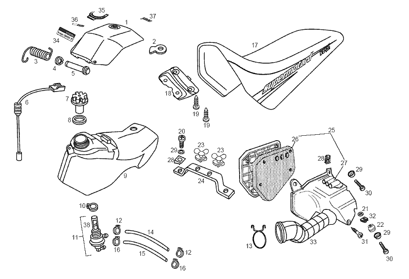 Derbi Senda SM 50 2T 2ª ED DRD 2002-2003 - Benzinetank, Zadel & Luchtfilter