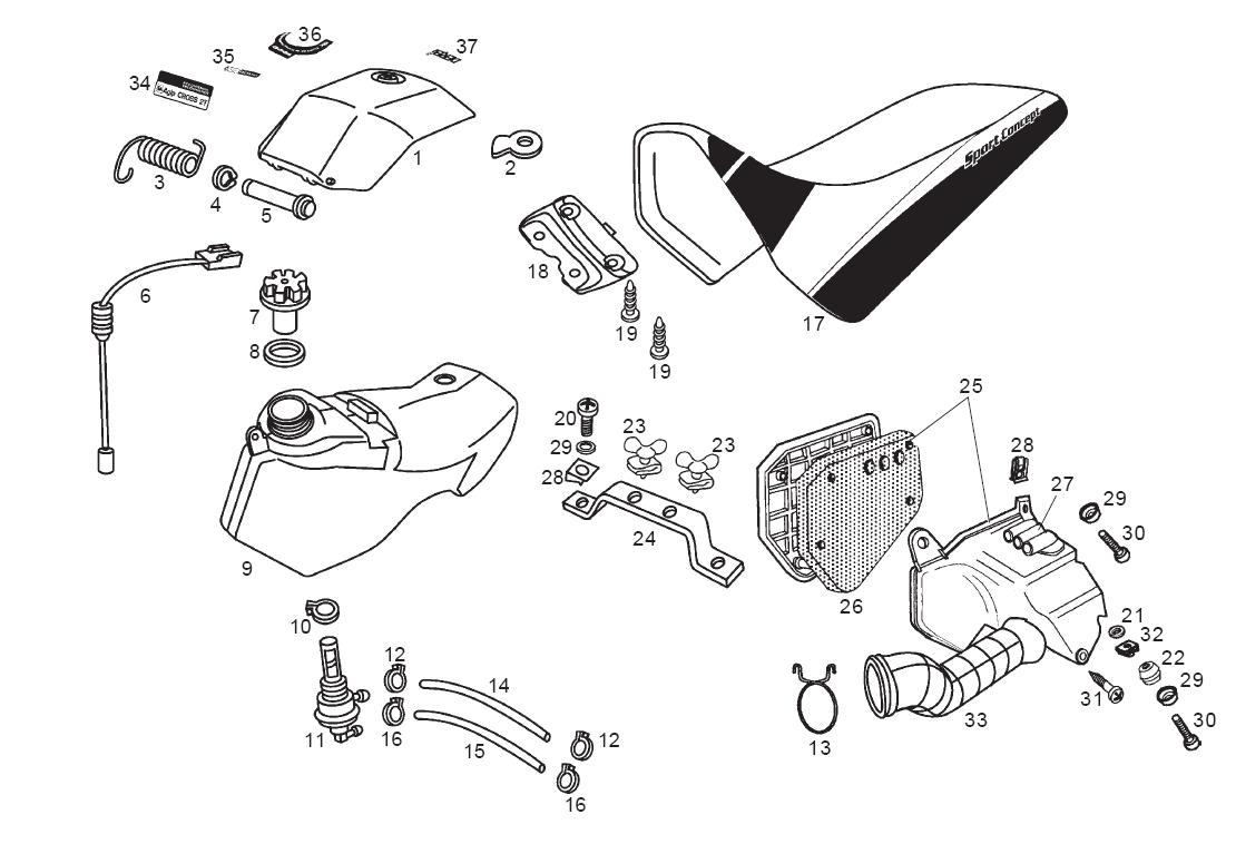Derbi Senda SM 50 2T 2ª ED X-Treme E1 2003 - Benzinetank, Luchtfilter & Zadel