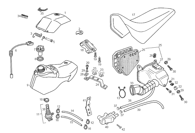 Derbi Senda SM 50 2T 2ª ED Black Devil E2 2003 - Benzinetank, Luchtfilter & Zadel