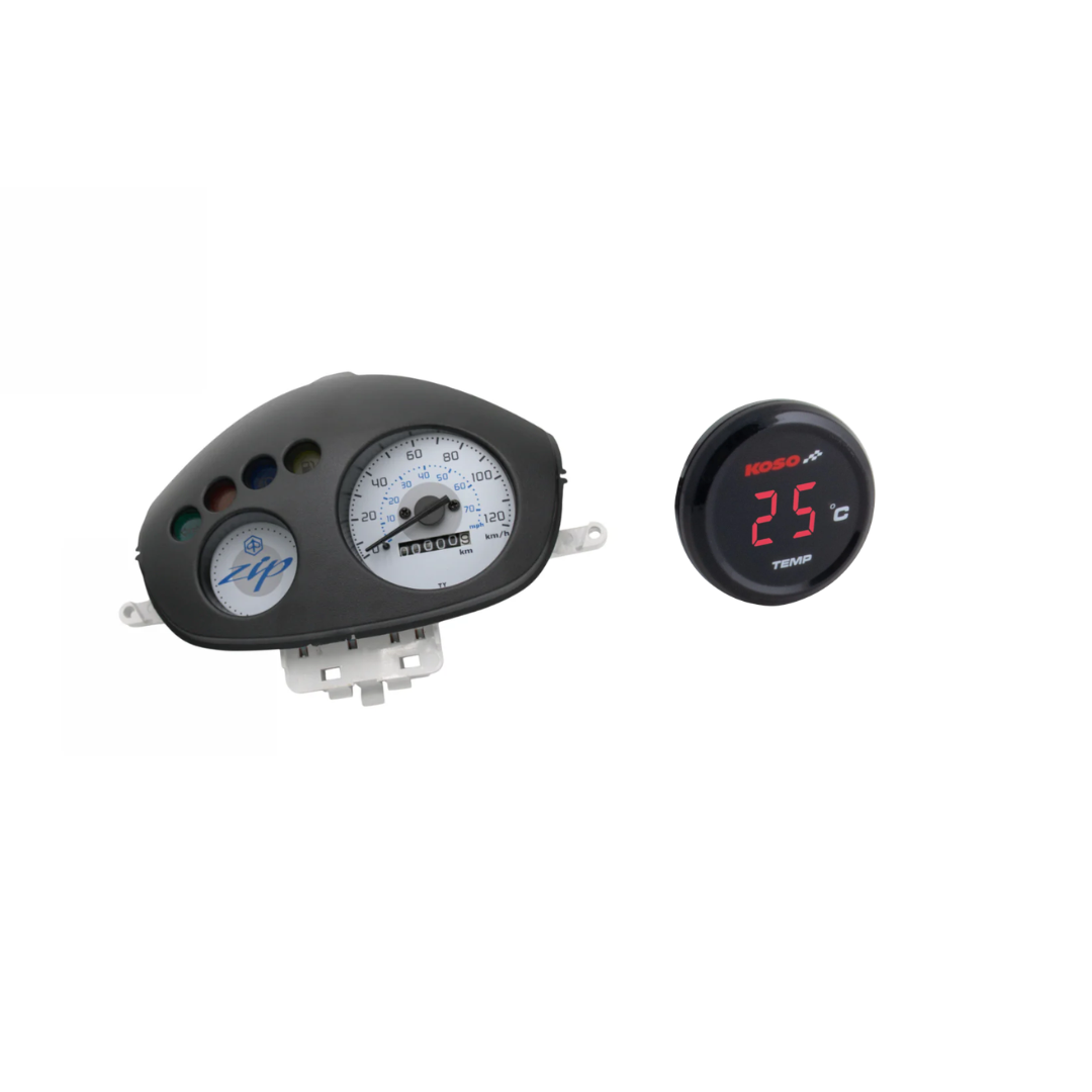 Kilometerteller 120KM Origineel Model Zip + Temperatuurmeter Koso 0-120 Graden Rood Bundel
