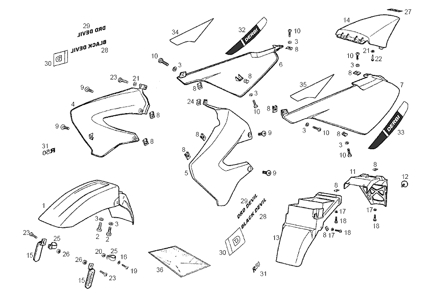 Derbi Senda SM 50 2T 2ª ED Black Devil E2 2003 - Spatbord, Zijscherm & Achter Beplating