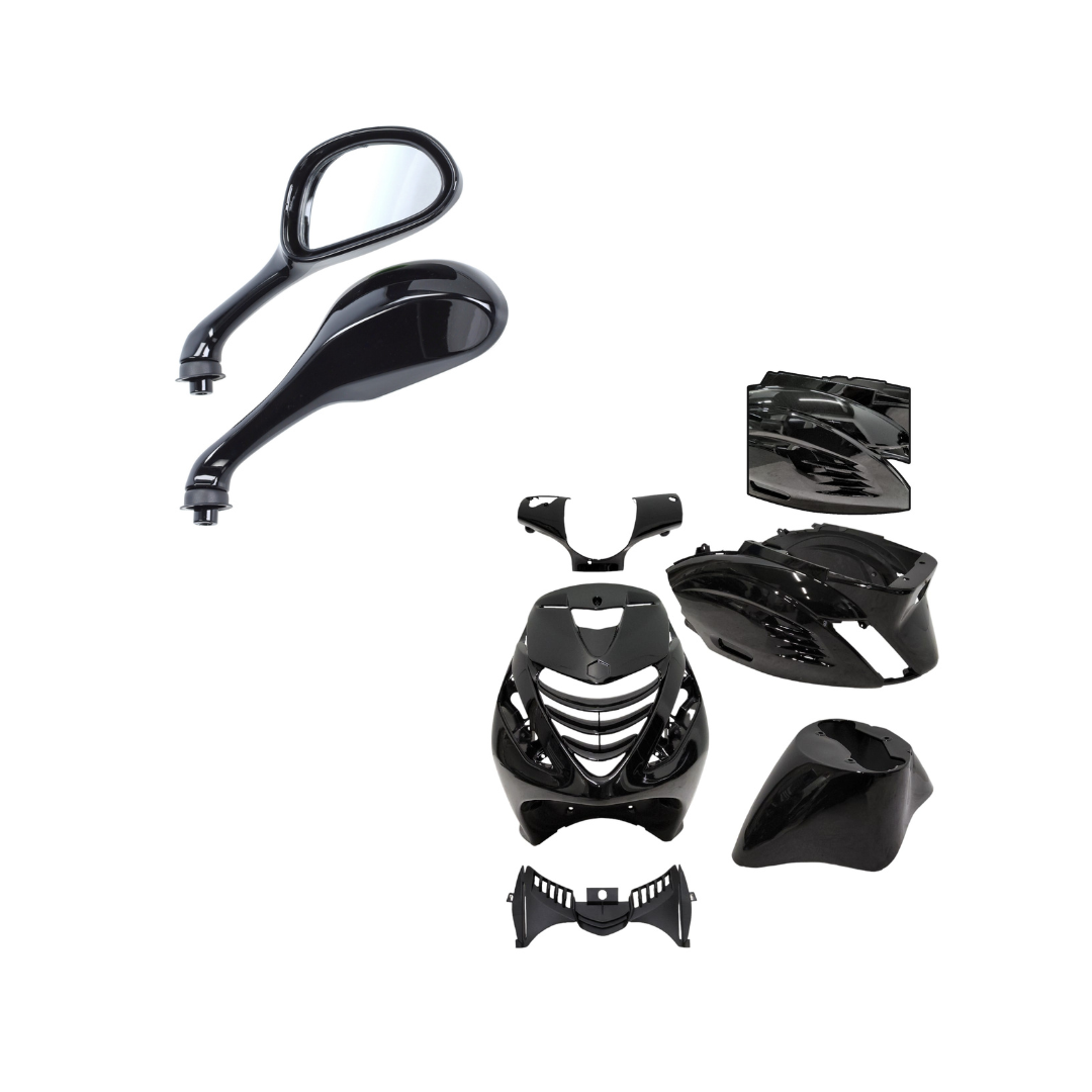SP RS1 Kappenset + Runner Spiegels Glans Zwart Piaggio Zip Bundel