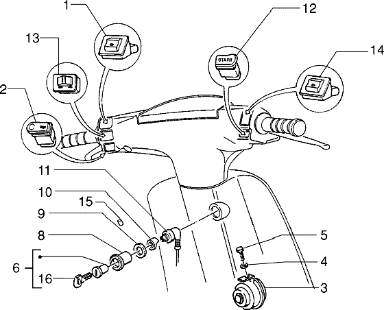 Piaggio Zip Type 3 – Stuurschakelaars Claxonontsteking Stuurinrichting